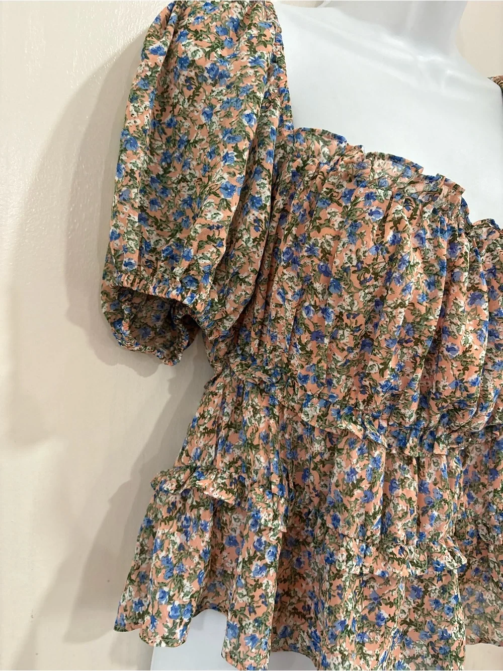 Astr Peach Floral Puff-Sleeve Peplum Top with Blue Flowers peasant baby doll